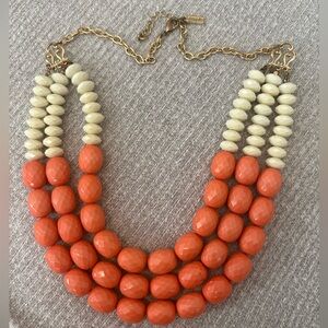 Vintage Simple signed gold tone triple stranded necklace w white & orange beads